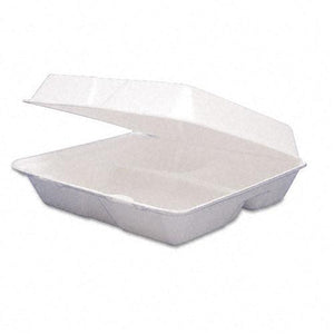 Dart 3 Compartment Styrofoam Hinged Carryout Food Containers 8 3-8 x 7 7-8 x 3 1-4 Inches 200ct