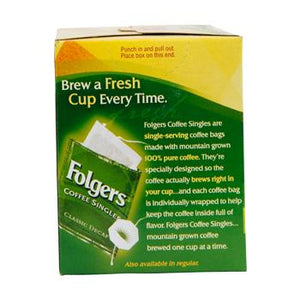 Folgers Coffee Singles Decaffeinated 19ct Box Left Side 3.0oz Bags
